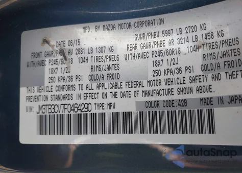 2015 Mazda Cx-9 Touring z USA, uszkodzony, nr VIN JM3TB3CV7F0464290